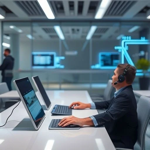 A minimalist 3D render of a sleek, translucent holographic device projecting a complex, dynamic data visualization in mid-air.